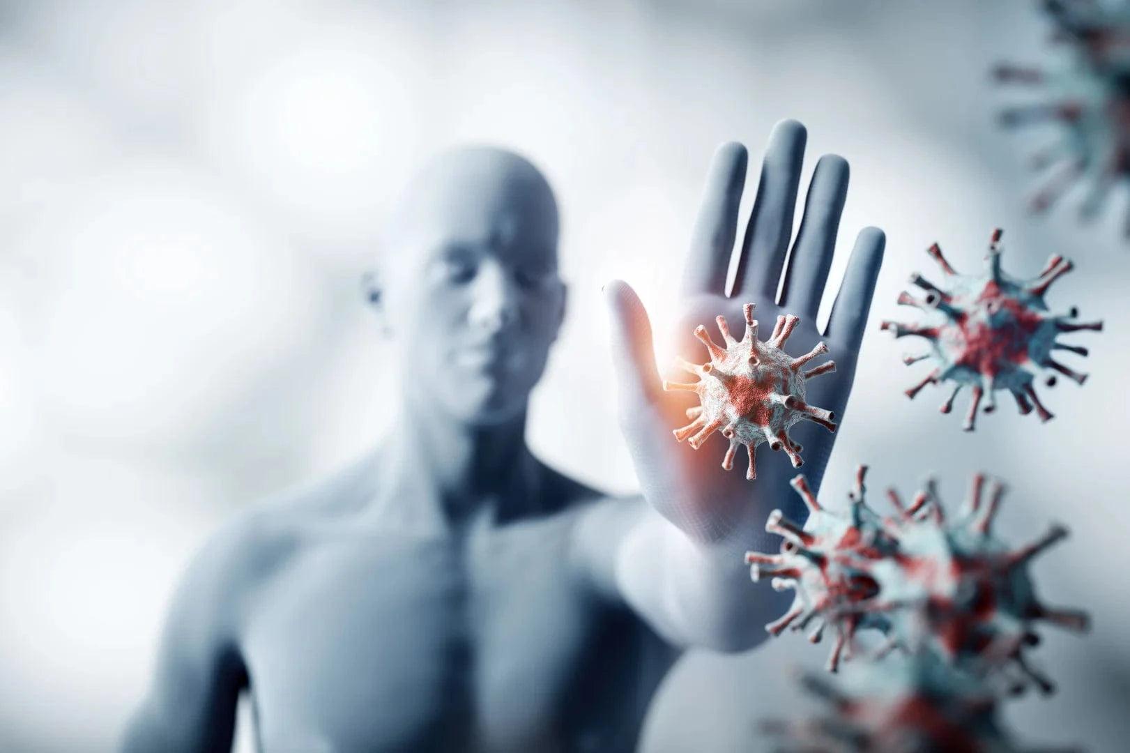 An Ai depiction of fighting off an infection showing a man preventing germ spores from touching him.