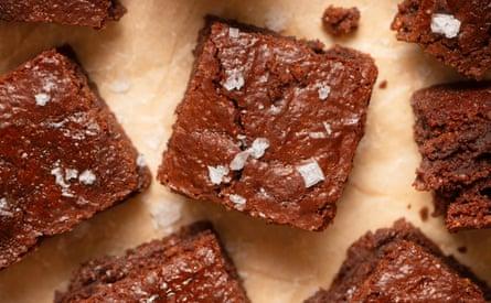Chocolate brownies with salt flakes.