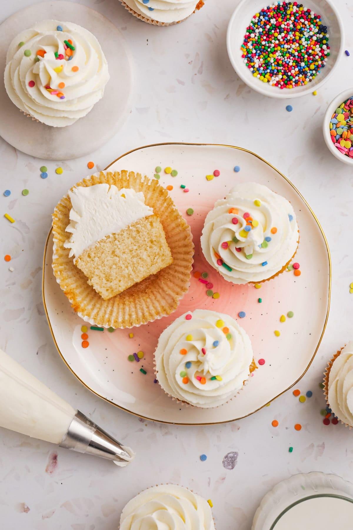 crosscut of a cupcake on a plate