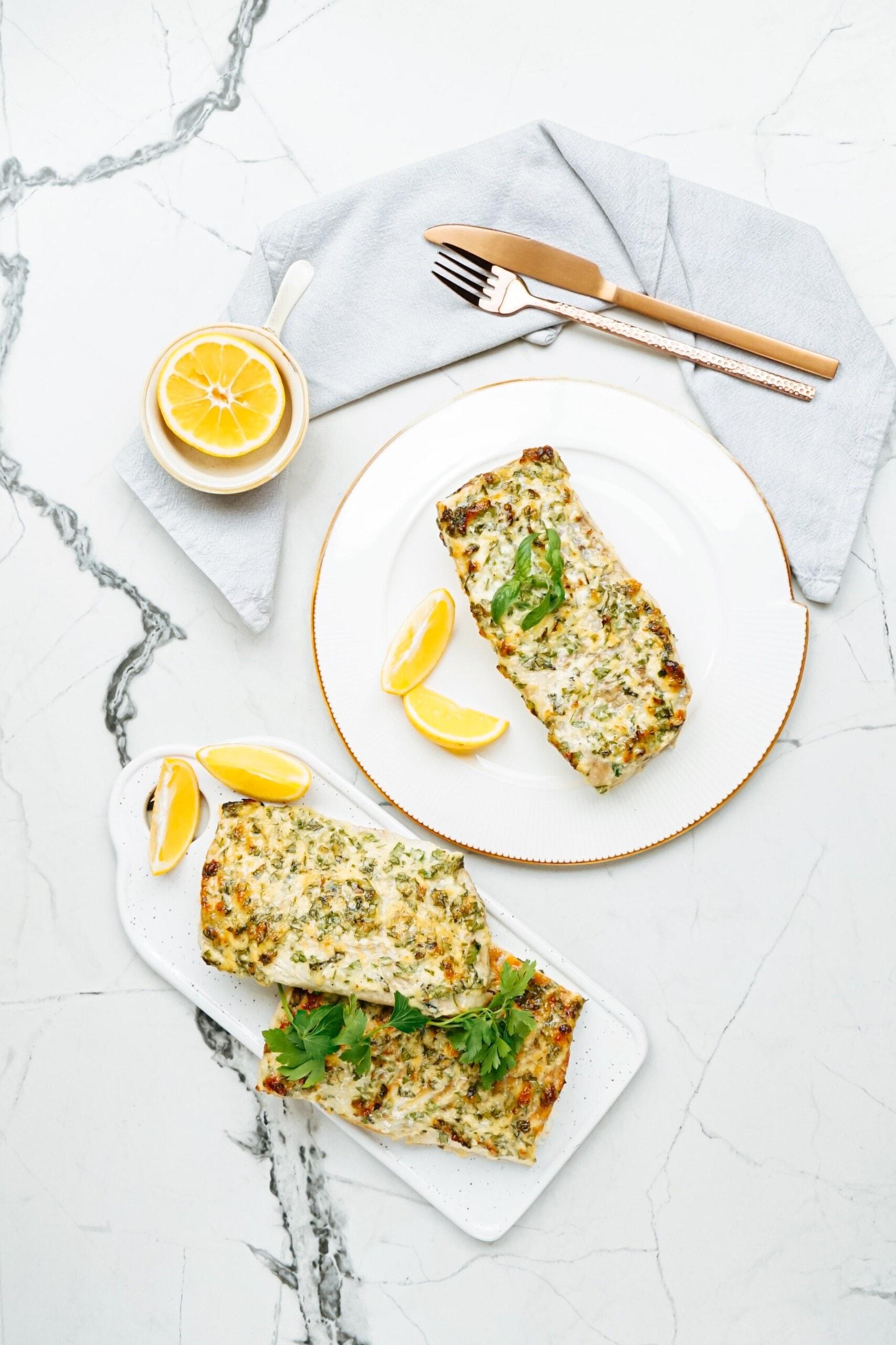parmesan baked cod on a tablescape