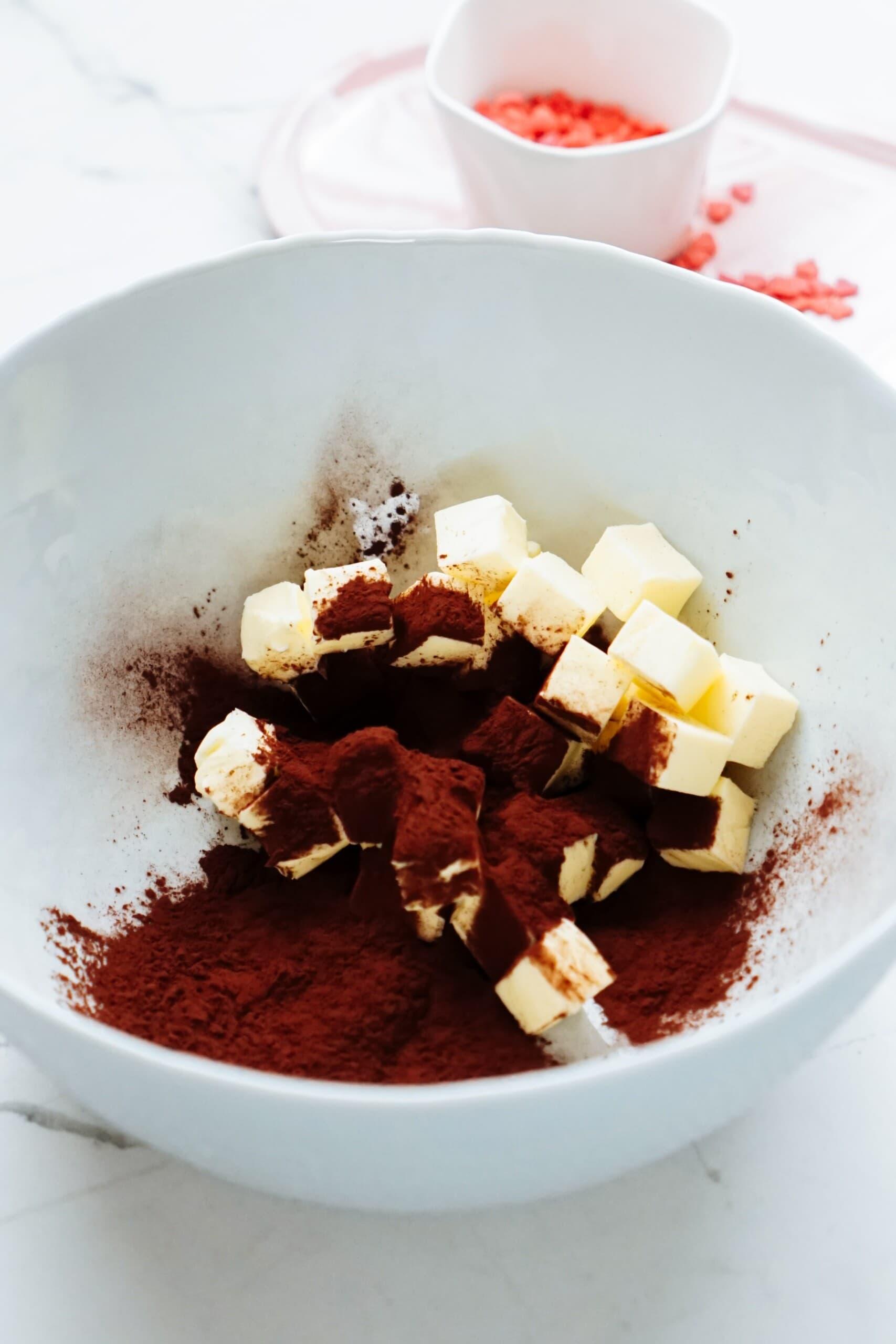 chocolate frosting ingredients in a bowl
