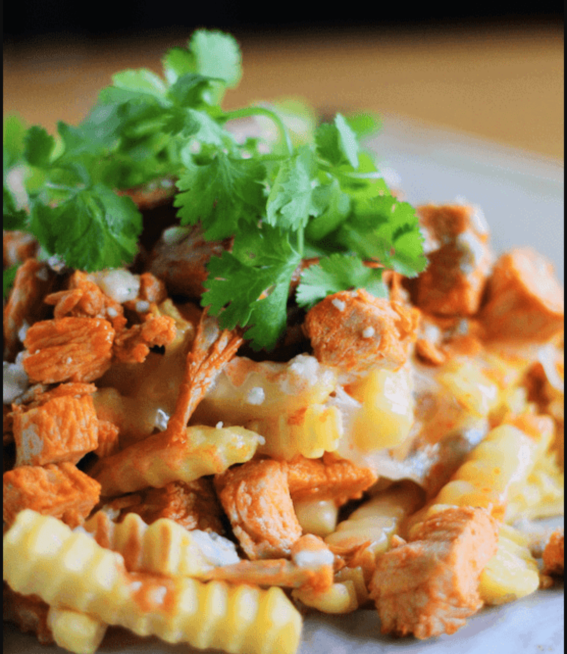 buffalo chicken dip fries piled on plate with cilantro on top