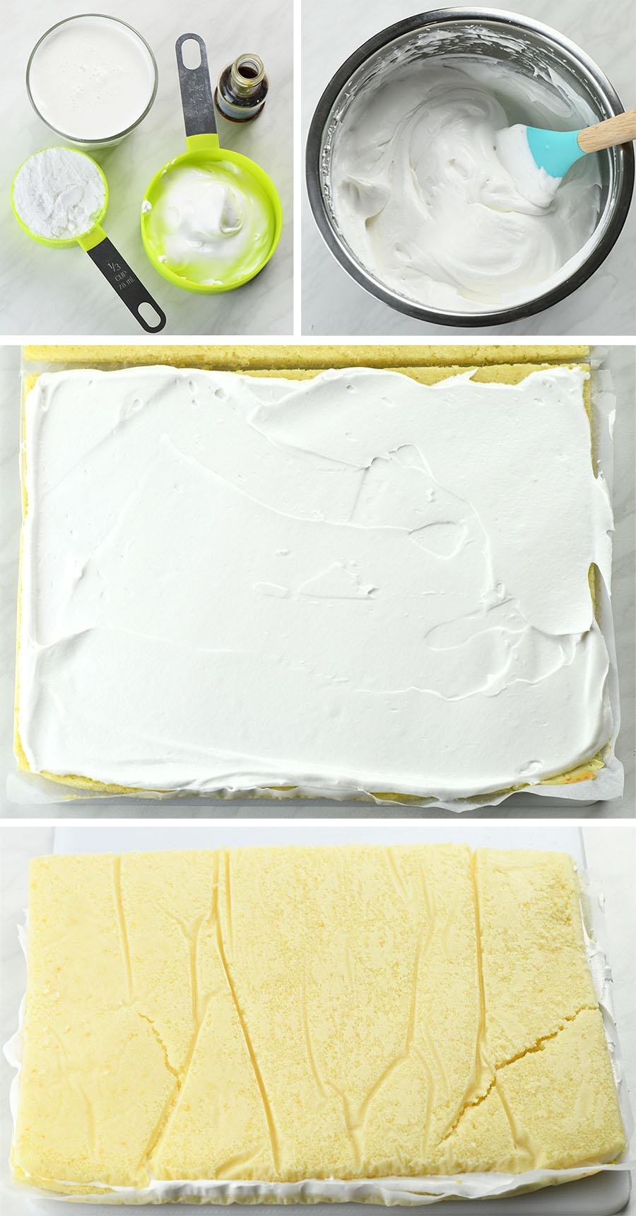 Assembling cake layers with  fluff.