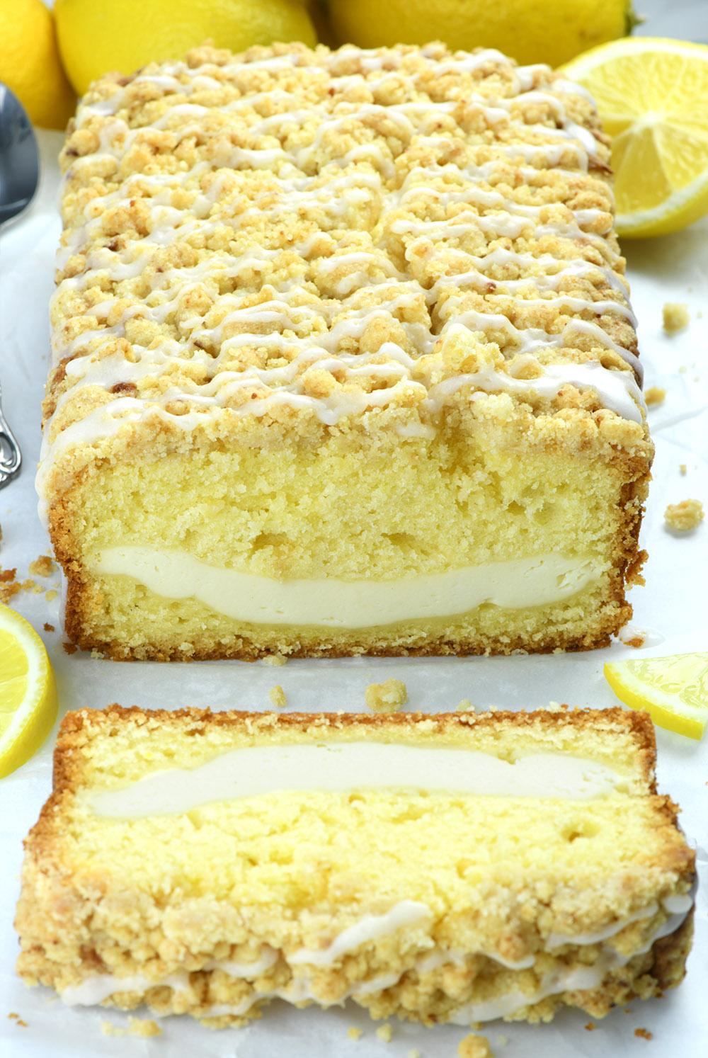 Half sliced pound cake with lemon decorations.