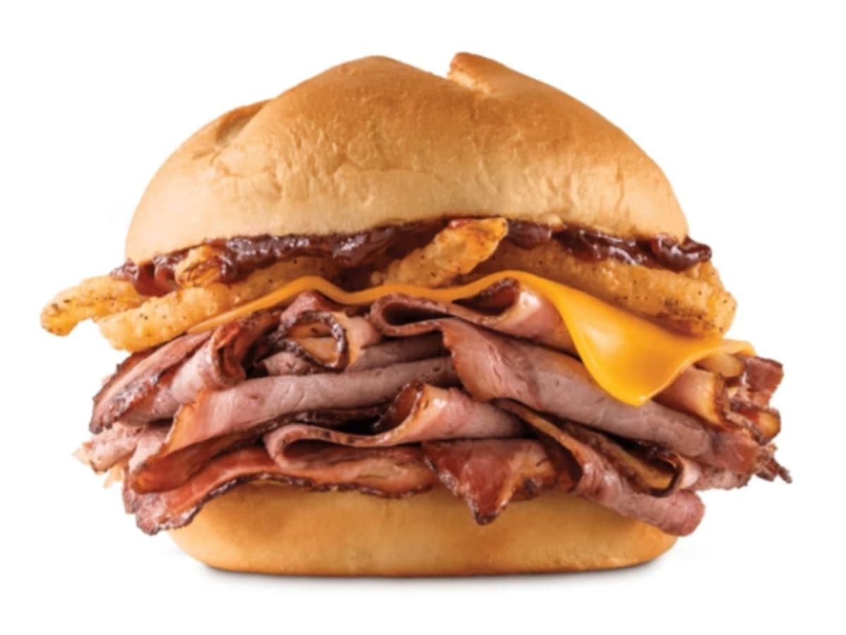 A high-protein ham and cheese sandwich photographed on a white background.