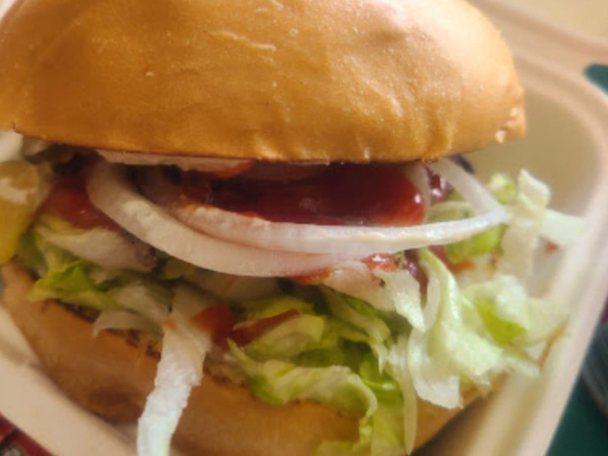A high-protein burger with onions and lettuce in a plastic container.