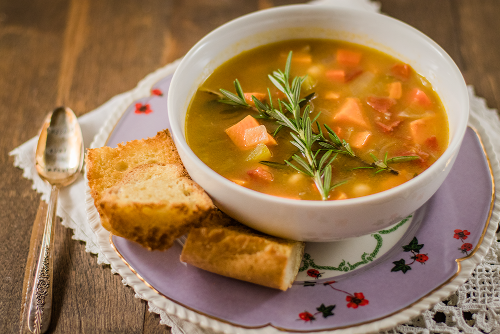 Vegan Soup Recipe with Sweet Potatoes, Chickpeas, and Rosemary
