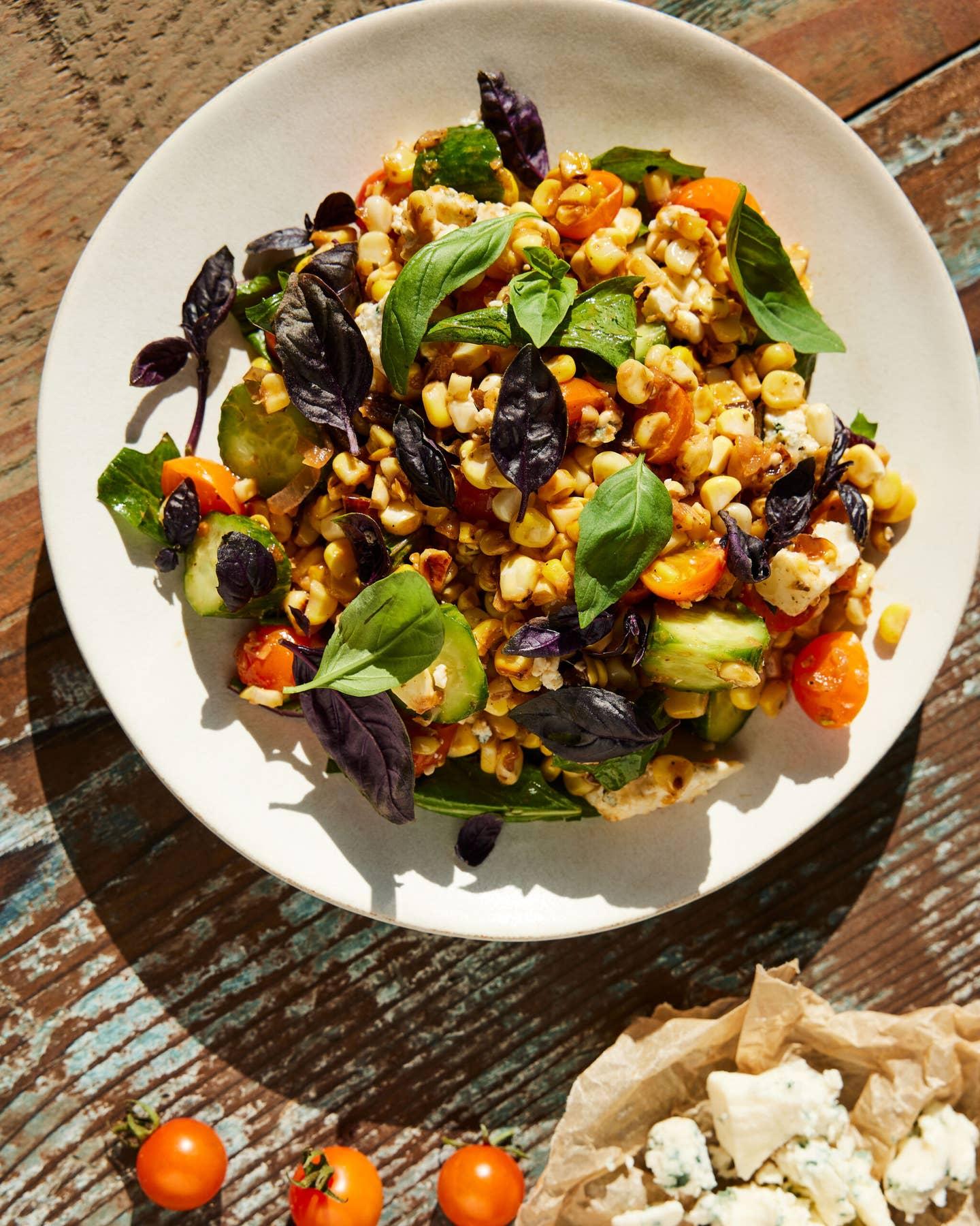 Corn Salad With Dandelion Greens and Smoked Blue Cheese Corn Salad With Dandelion Greens and Smoked Blue Cheese