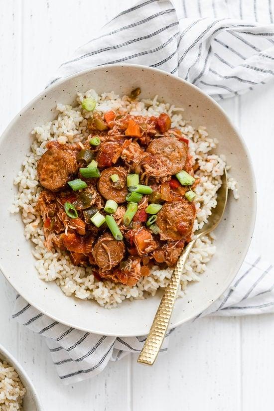 This New Orleans-inspired slow-cooker dish with chicken and Andouille sausage simmered in a rich tomato broth, is perfect to make for Fat Tuesday!